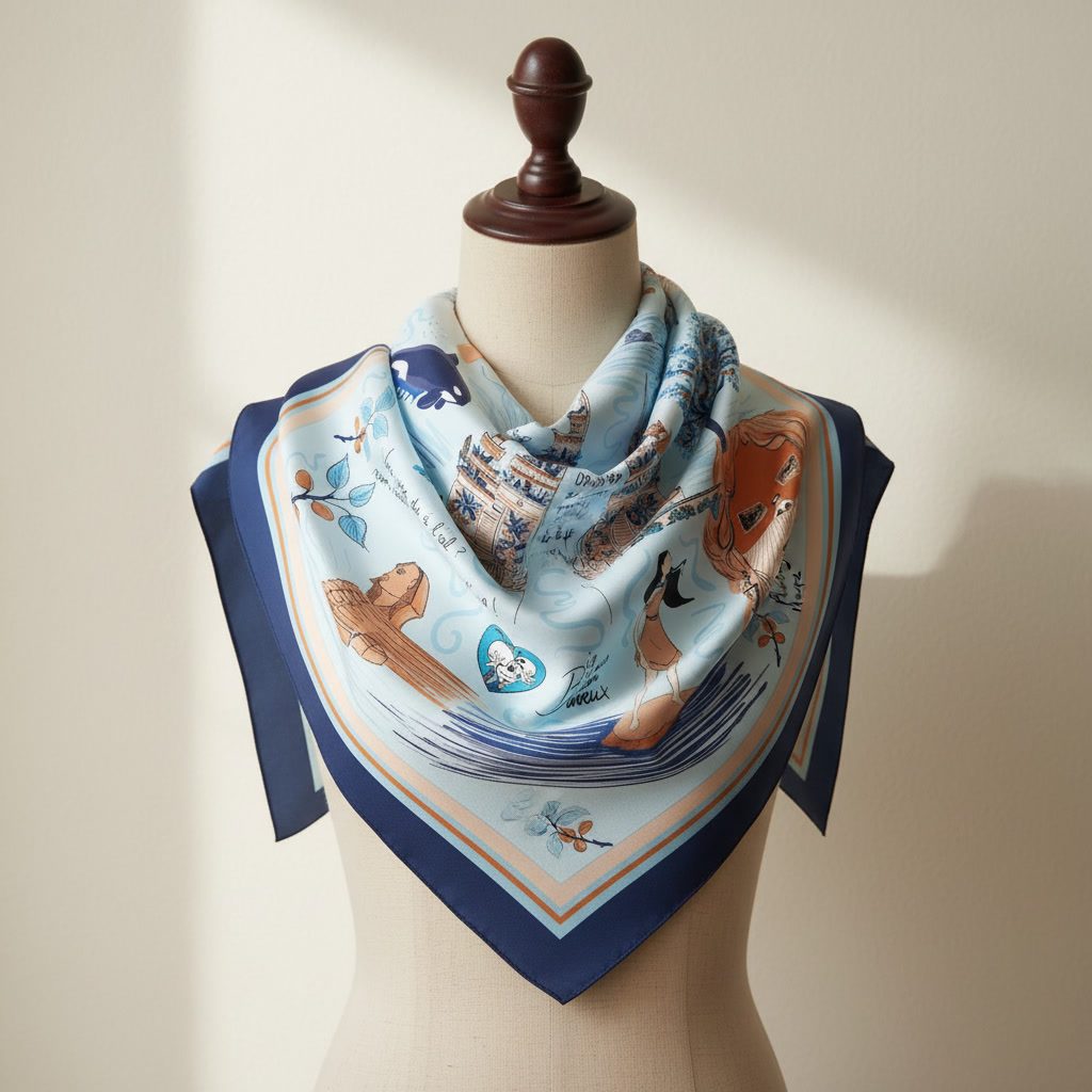 Foulard sur-mesure plié, motif illustré à la main