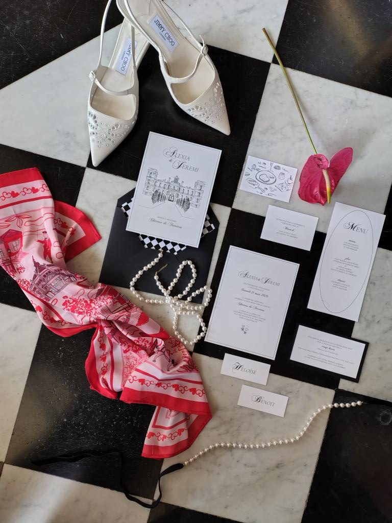 Foulard sur-mesure illustré, exemple de création pour un mariage